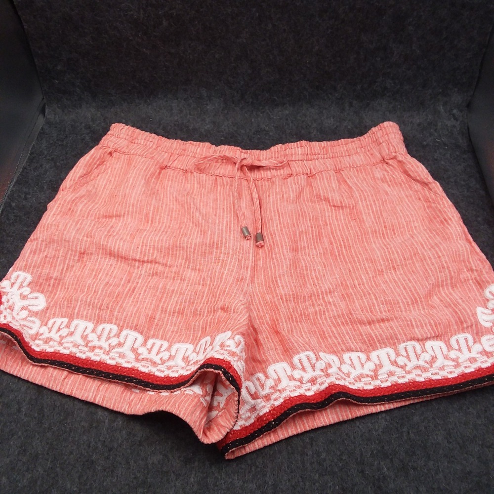 Anthropologie Beachcomber Linen Embroidered Shorts Drawstring‎ Waist Coral S